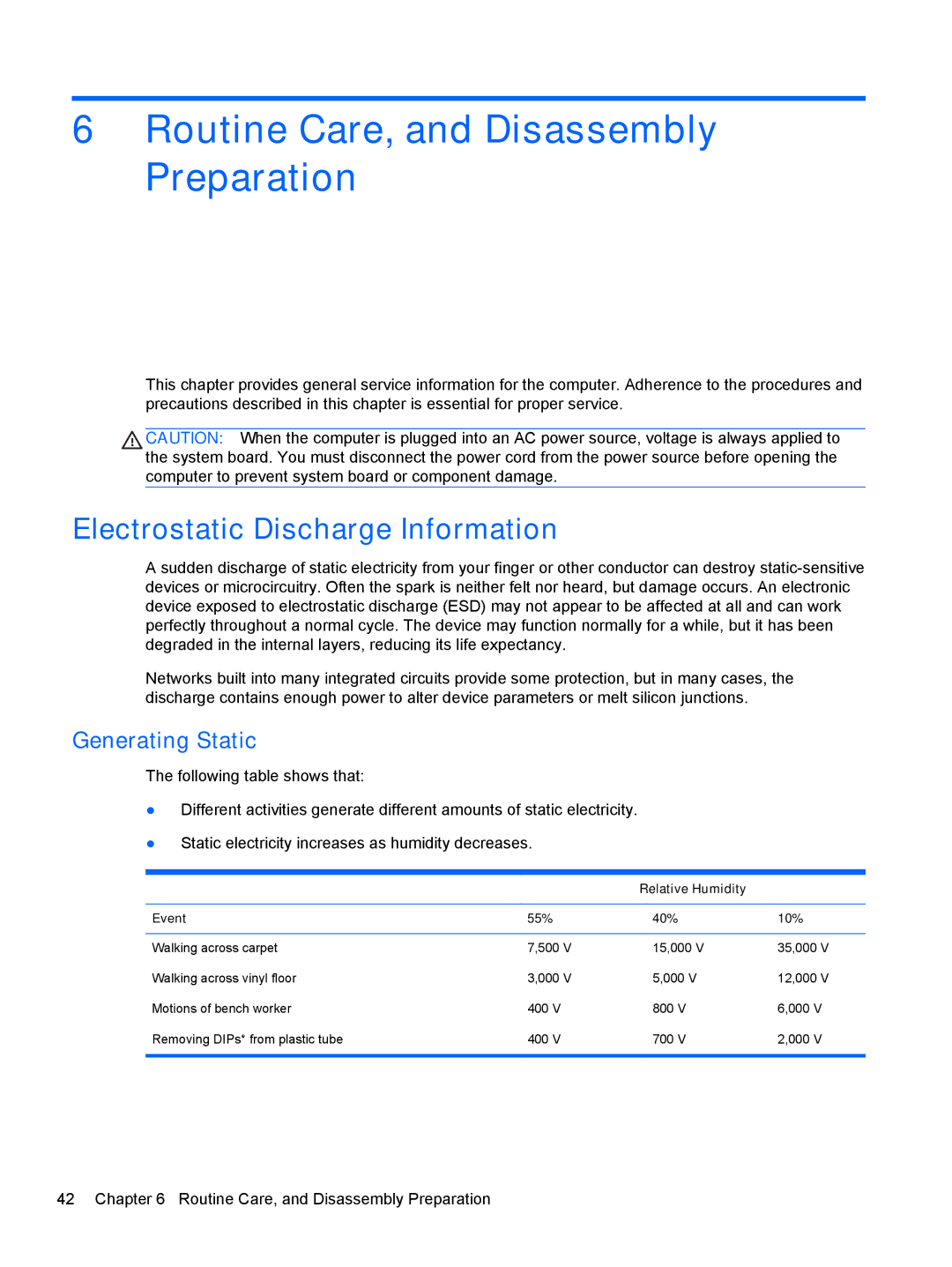 HP 7300 manual Routine Care, and Disassembly Preparation, Electrostatic Discharge Information, Generating Static 