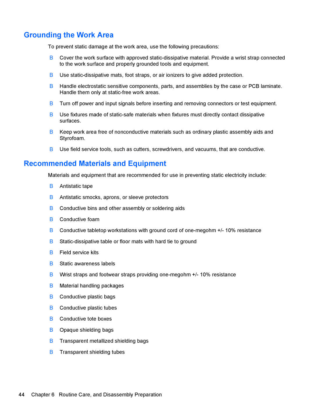 HP 7300 manual Grounding the Work Area, Recommended Materials and Equipment 