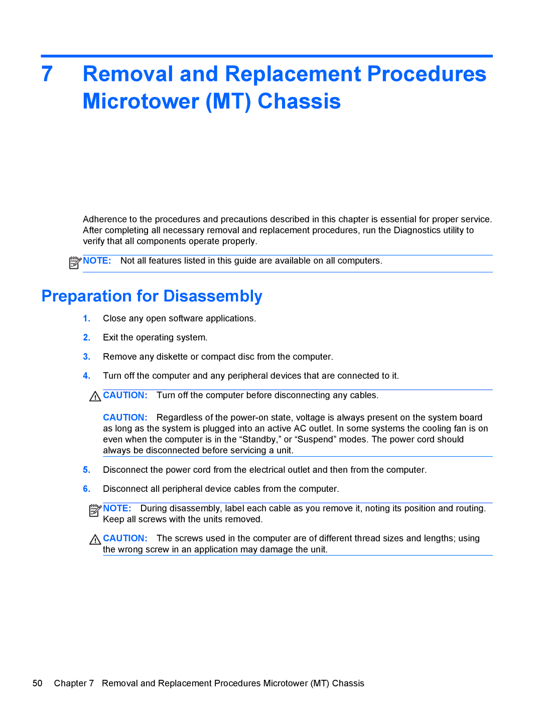 HP 7300 manual Removal and Replacement Procedures Microtower MT Chassis, Preparation for Disassembly 