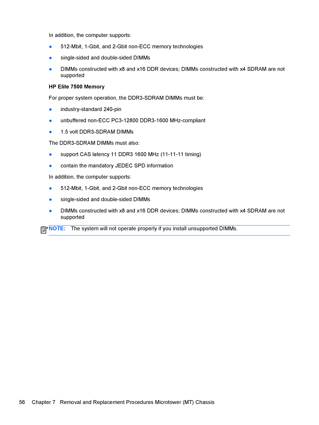 HP 7300 manual HP Elite 7500 Memory 