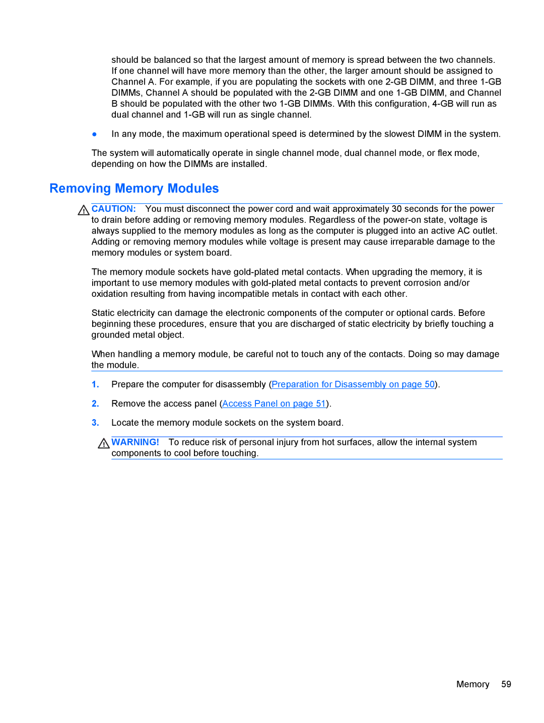 HP 7300 manual Removing Memory Modules 