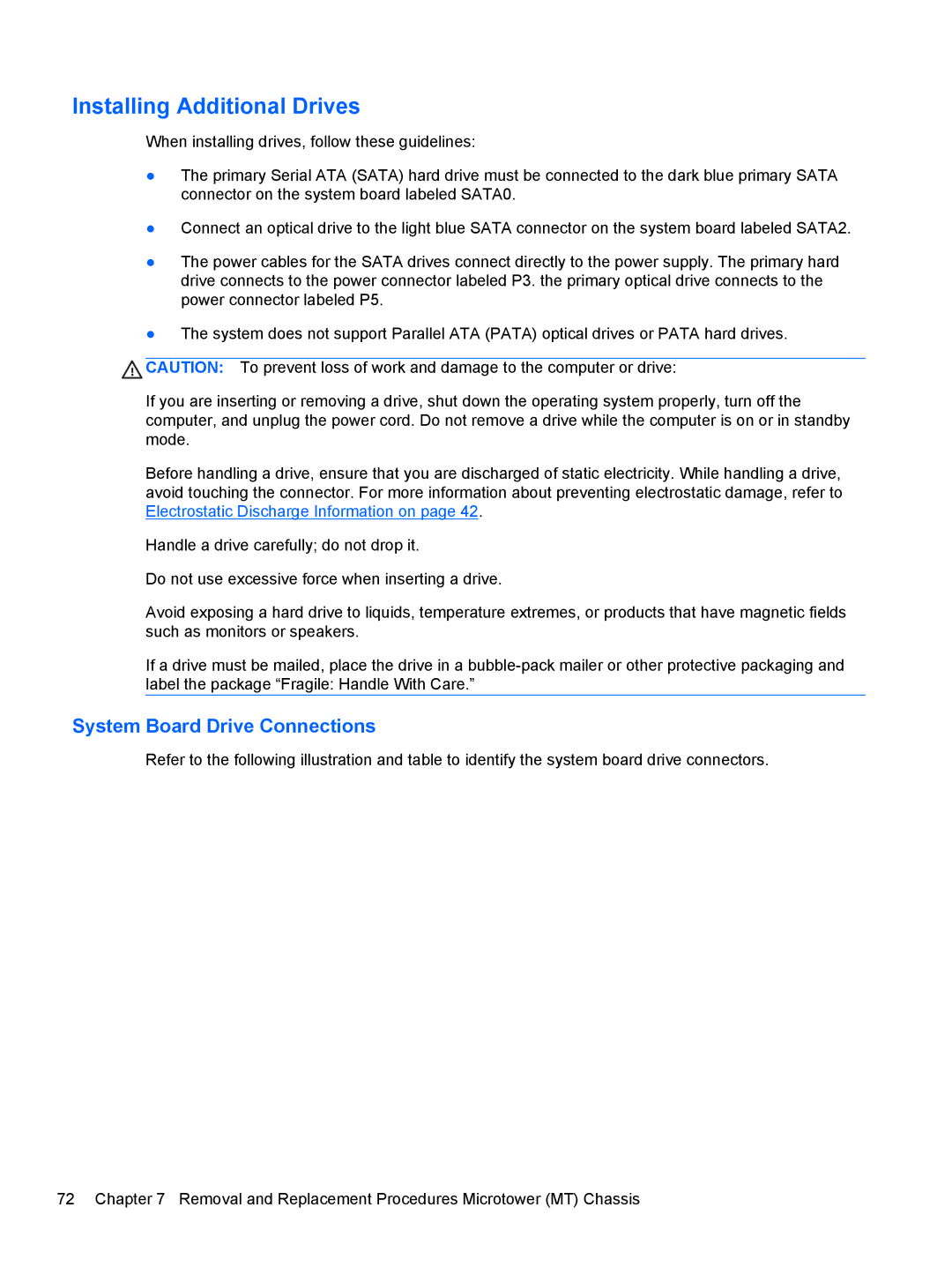 HP 7300 manual Installing Additional Drives, System Board Drive Connections 