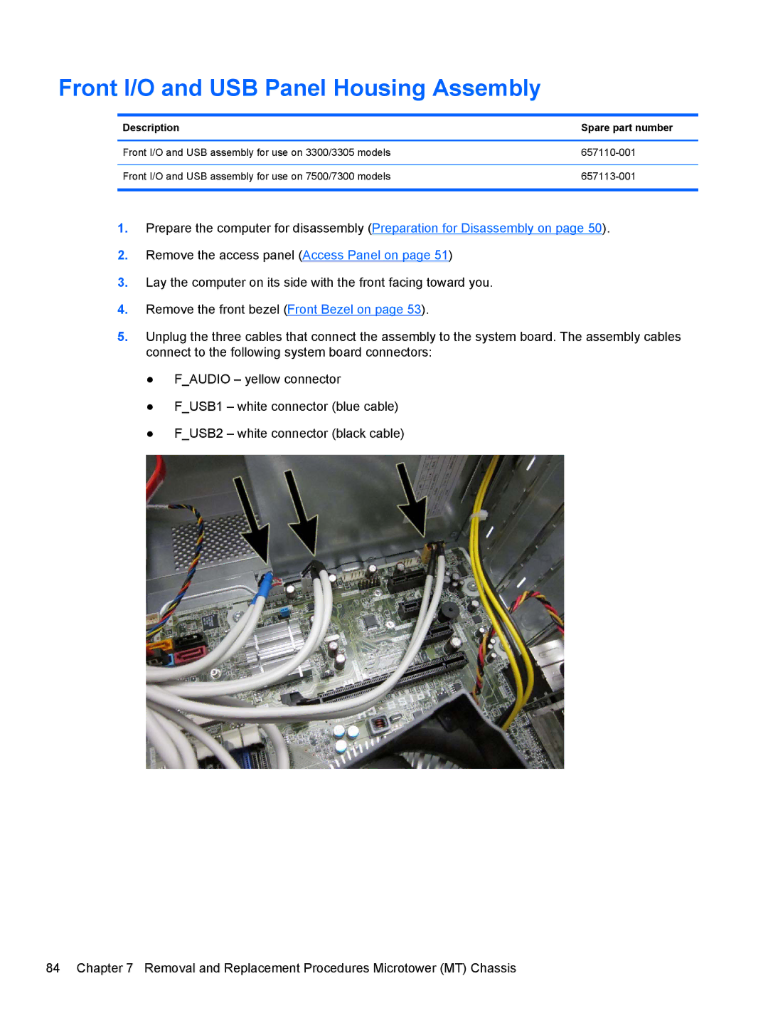 HP 7300 manual Front I/O and USB Panel Housing Assembly, Description Spare part number 