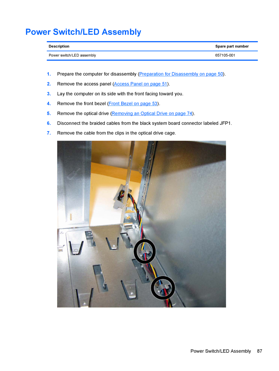 HP 7300 manual Power Switch/LED Assembly, Remove the optical drive Removing an Optical Drive on 