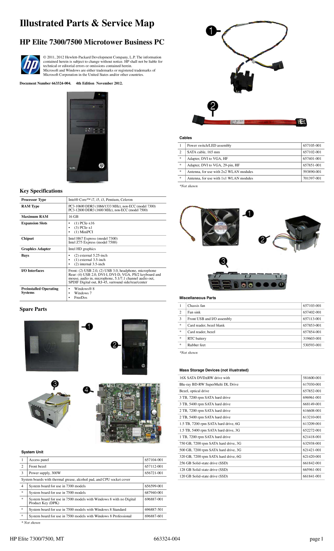 HP 7300 manual Key Specifications, Spare Parts 