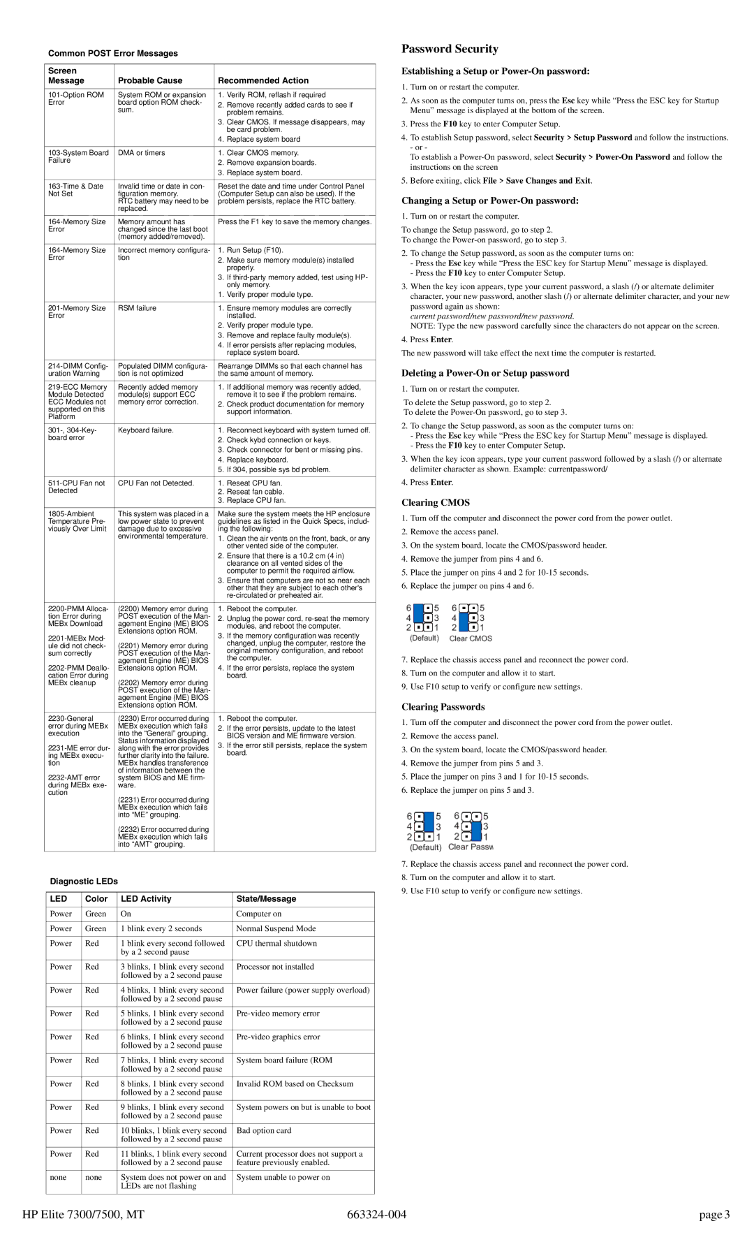 HP 7300 manual Password Security, Diagnostic LEDs, Color LED Activity State/Message 