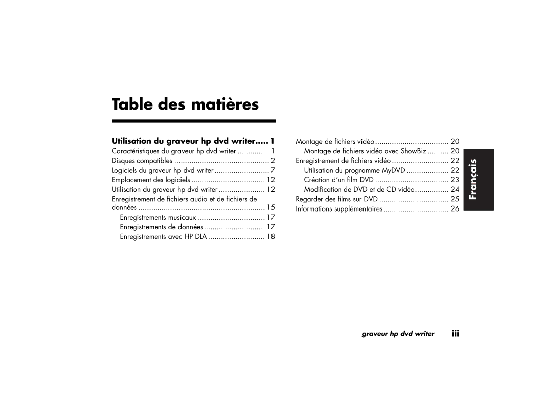 HP 732c (US), 772n (US/CAN), 894c, 884n, 883n, 873n, 864n, 854n Table des matières, Utilisation du graveur hp dvd writer 