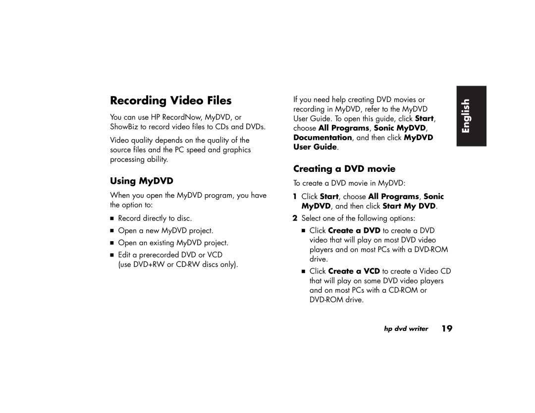 HP 732c (US), 772n (US/CAN), 894c, 884n, 864 Recording Video Files, Using MyDVD, Creating a DVD movie, User Guide, English 