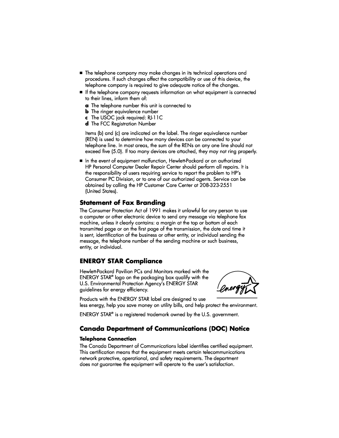 HP 764n (US/CAN) manual Statement of Fax Branding, ENERGY STAR Compliance, Canada Department of Communications DOC Notice 