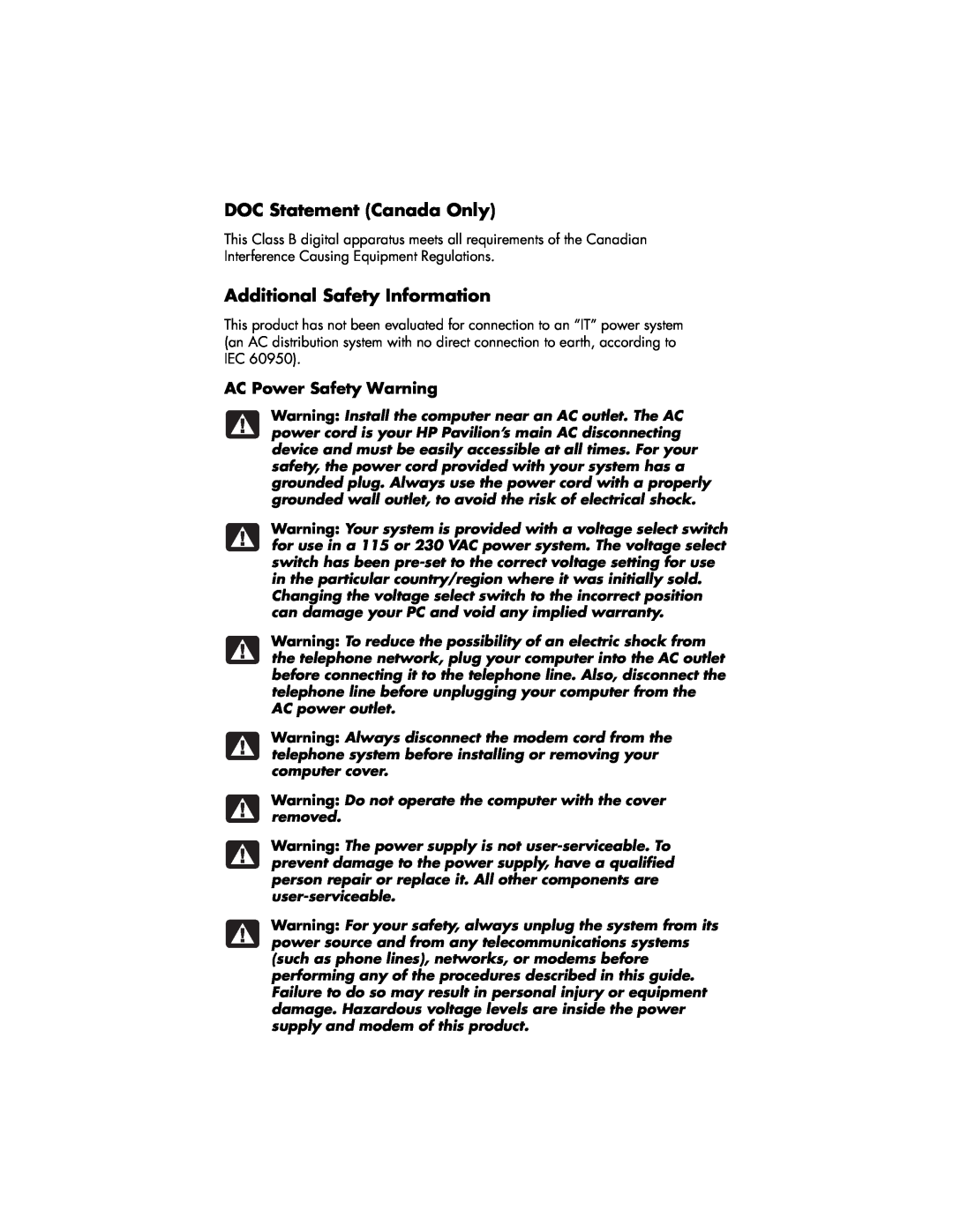 HP 304w (US), 734n (US/CAN), 524w (US) DOC Statement Canada Only, Additional Safety Information, AC Power Safety Warning 