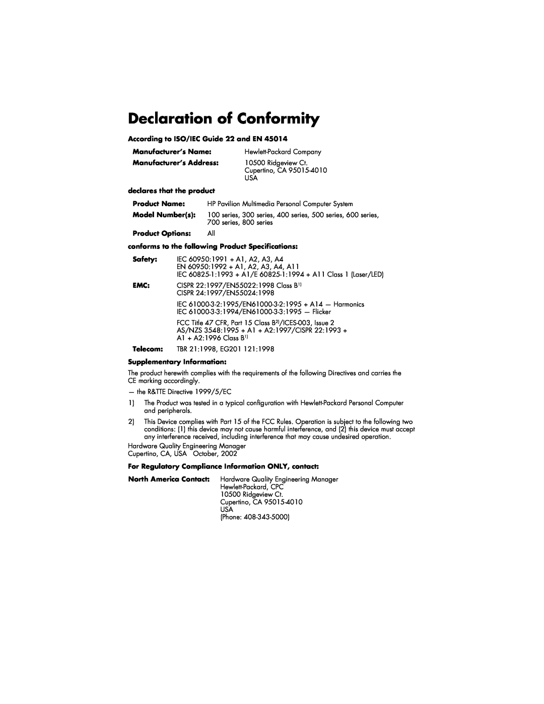 HP 764c (US/CAN), 734n (US/CAN) manual Declaration of Conformity, According to ISO/IEC Guide 22 and EN, Manufacturer’s Name 