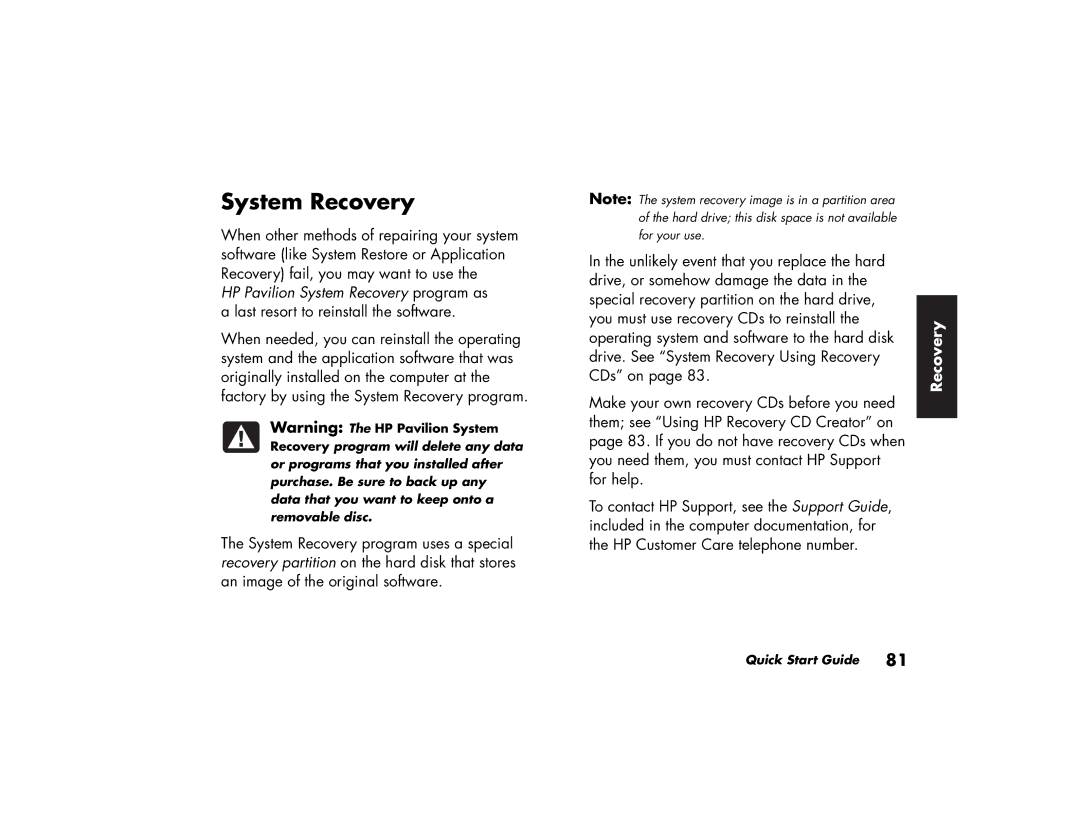 HP 754n (US/CAN), 734n (US/CAN), 724c (US/CAN), 524c (US/CAN), 564w (US/CAN), 554x (US/CAN), 564x (US/CAN) manual System Recovery 