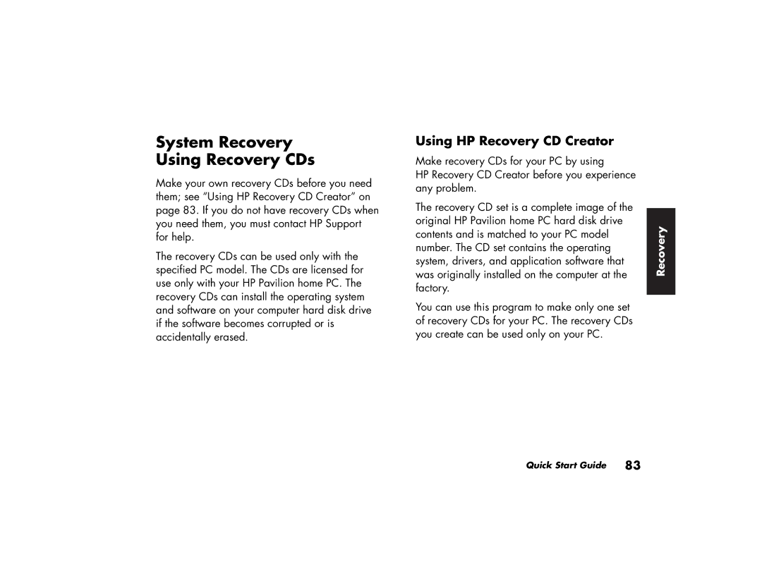 HP 764n (US/CAN), 734n (US/CAN), 724c (US/CAN), 304w (US) System Recovery Using Recovery CDs, Using HP Recovery CD Creator 