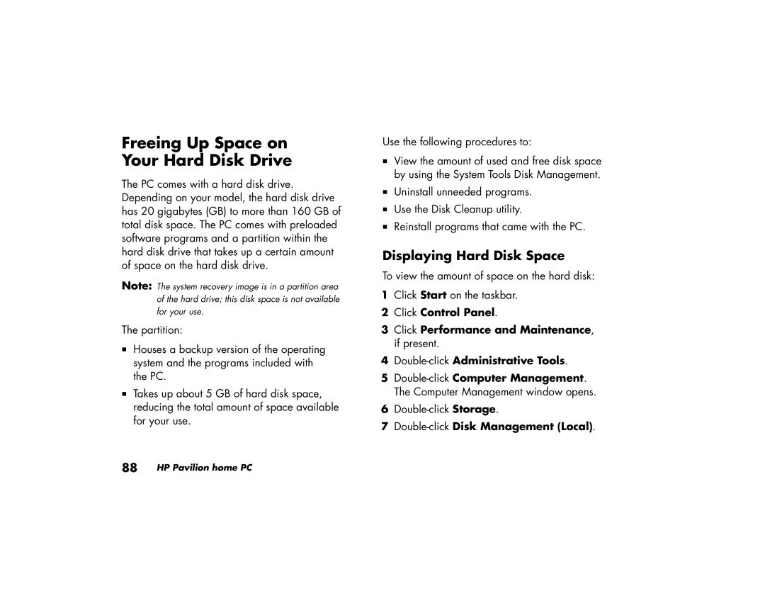 HP 504n (US) manual Freeing Up Space on Your Hard Disk Drive, Displaying Hard Disk Space, Double-clickDisk Management Local 