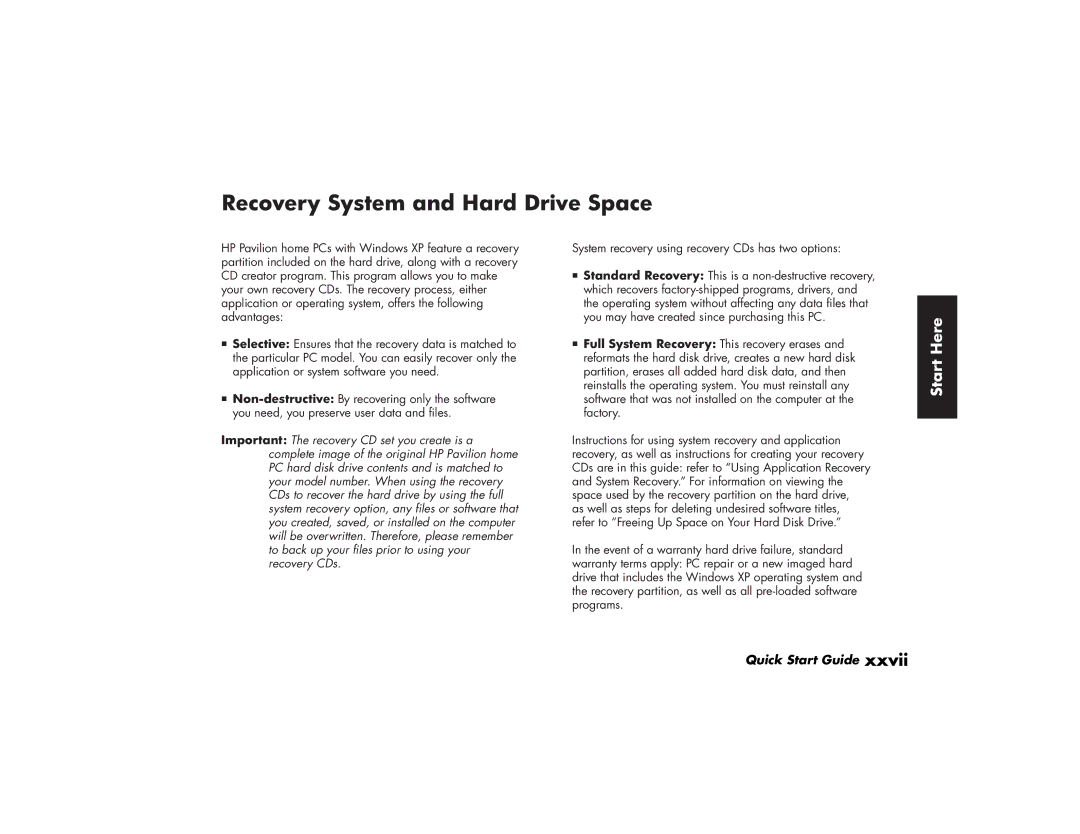 HP 794c (US/CAN), 734n (US/CAN), 724c (US/CAN), 524c (US/CAN), 564w (US/CAN), 304w (US) Recovery System and Hard Drive Space 