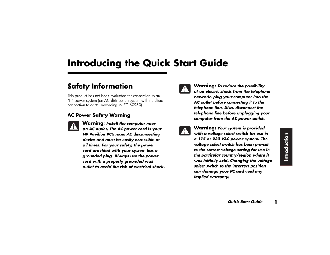 HP 754n (US/CAN), 734n (US/CAN), 304w (US) Introducing the Quick Start Guide, Safety Information, AC Power Safety Warning 