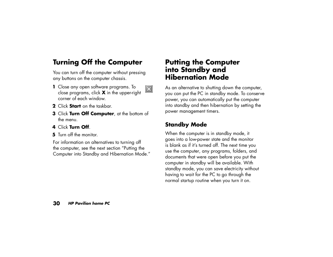 HP 514n (US/CAN), 304w (US) Turning Off the Computer, Putting the Computer into Standby and Hibernation Mode, Standby Mode 