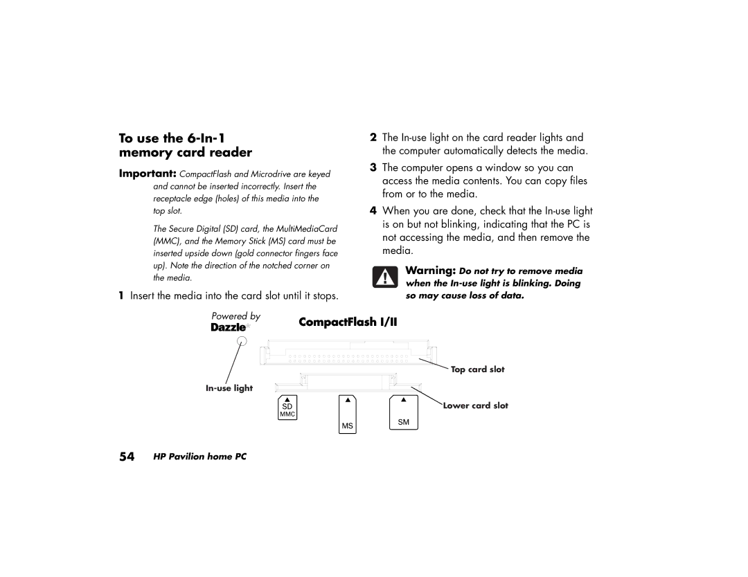 HP 524c (US/CAN), 734n (US/CAN), 724c (US/CAN), 564w (US/CAN) manual To use the 6-In-1 memory card reader, CompactFlash I/II 