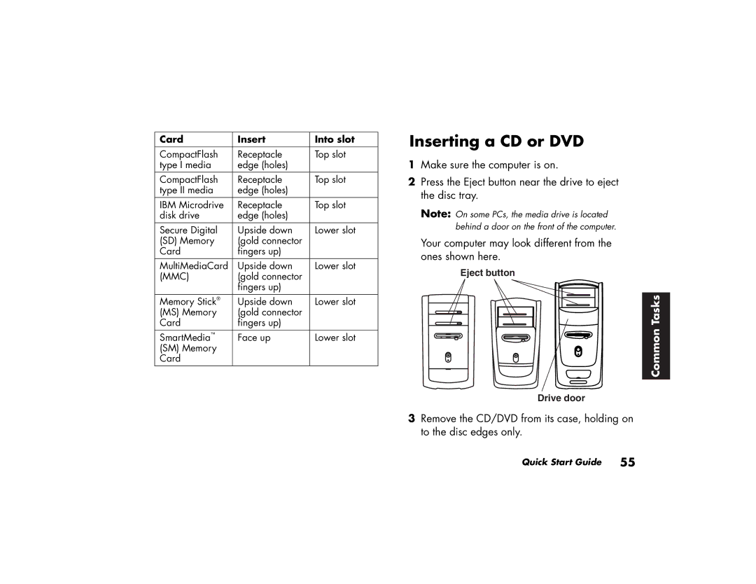 HP 564w (US/CAN), 734n (US/CAN), 724c (US/CAN), 524c (US/CAN), 554x (US/CAN) Inserting a CD or DVD, Card Insert Into slot 