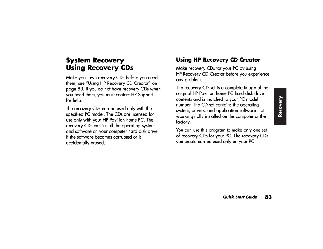HP 764n (US/CAN), 734n (US/CAN), 724c (US/CAN), 304w (US) System Recovery Using Recovery CDs, Using HP Recovery CD Creator 