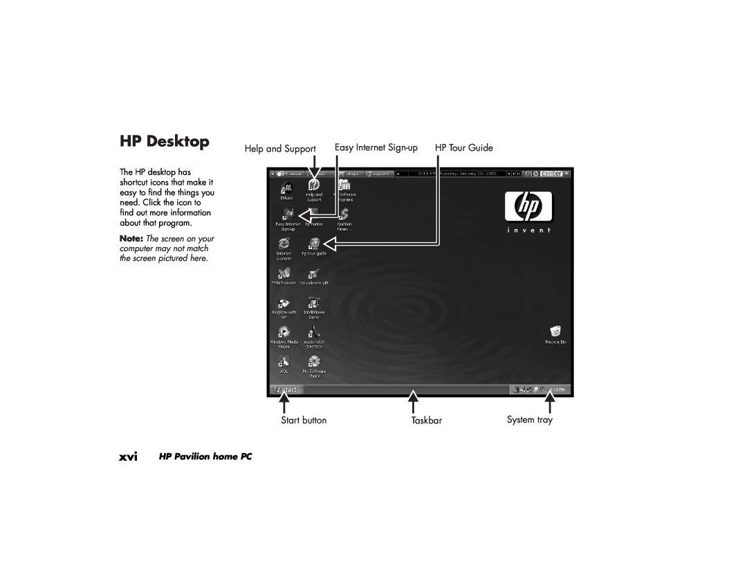 HP 504n (US), 734n (US/CAN), 724c (US/CAN), 524c (US/CAN) manual HP Desktop, HP Tour Guide, System tray, HP Pavilion home PC 
