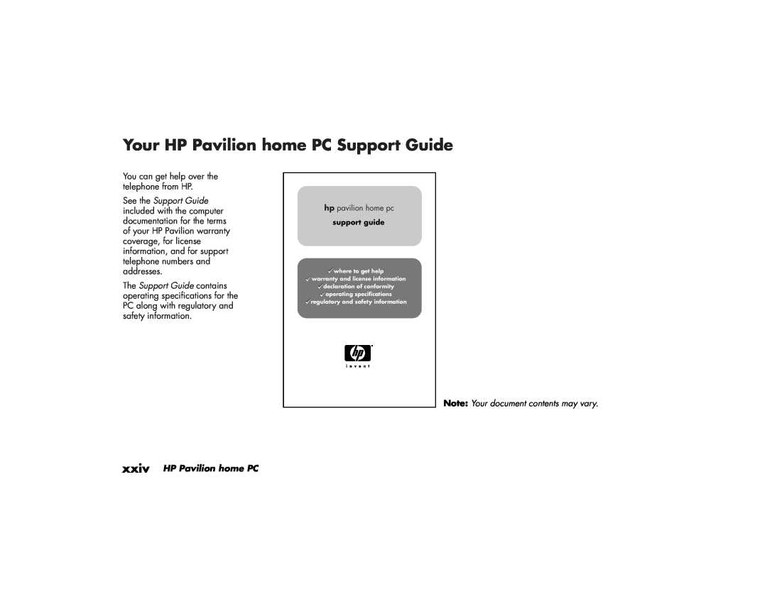 HP 554x (US/CAN) Your HP Pavilion home PC Support Guide, Note Your document contents may vary, xxiv HP Pavilion home PC 