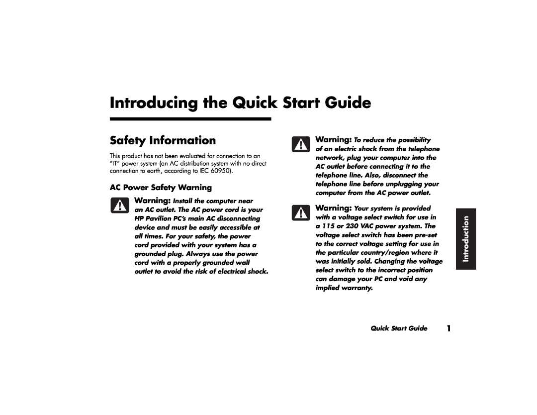 HP 754n (US/CAN), 304w (US) Introducing the Quick Start Guide, Safety Information, AC Power Safety Warning, Introduction 