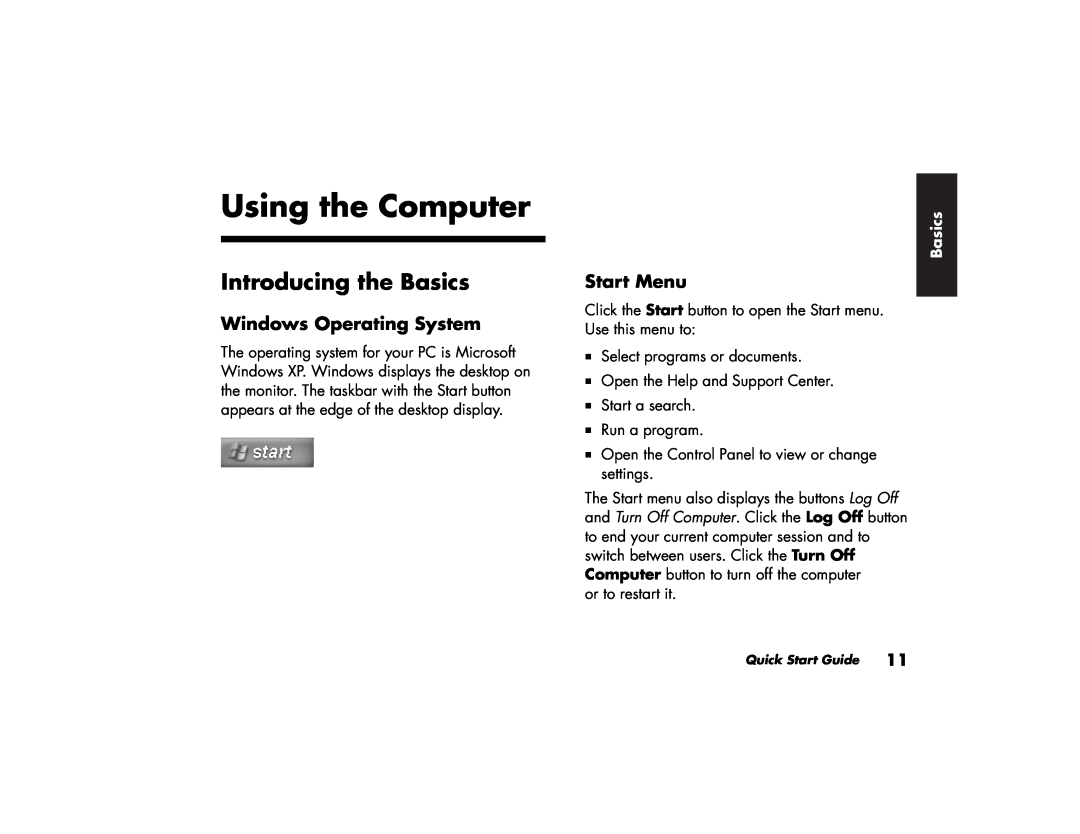 HP 514c (US/CAN), 734n (US/CAN), 304w (US) Using the Computer, Introducing the Basics, Windows Operating System, Start Menu 