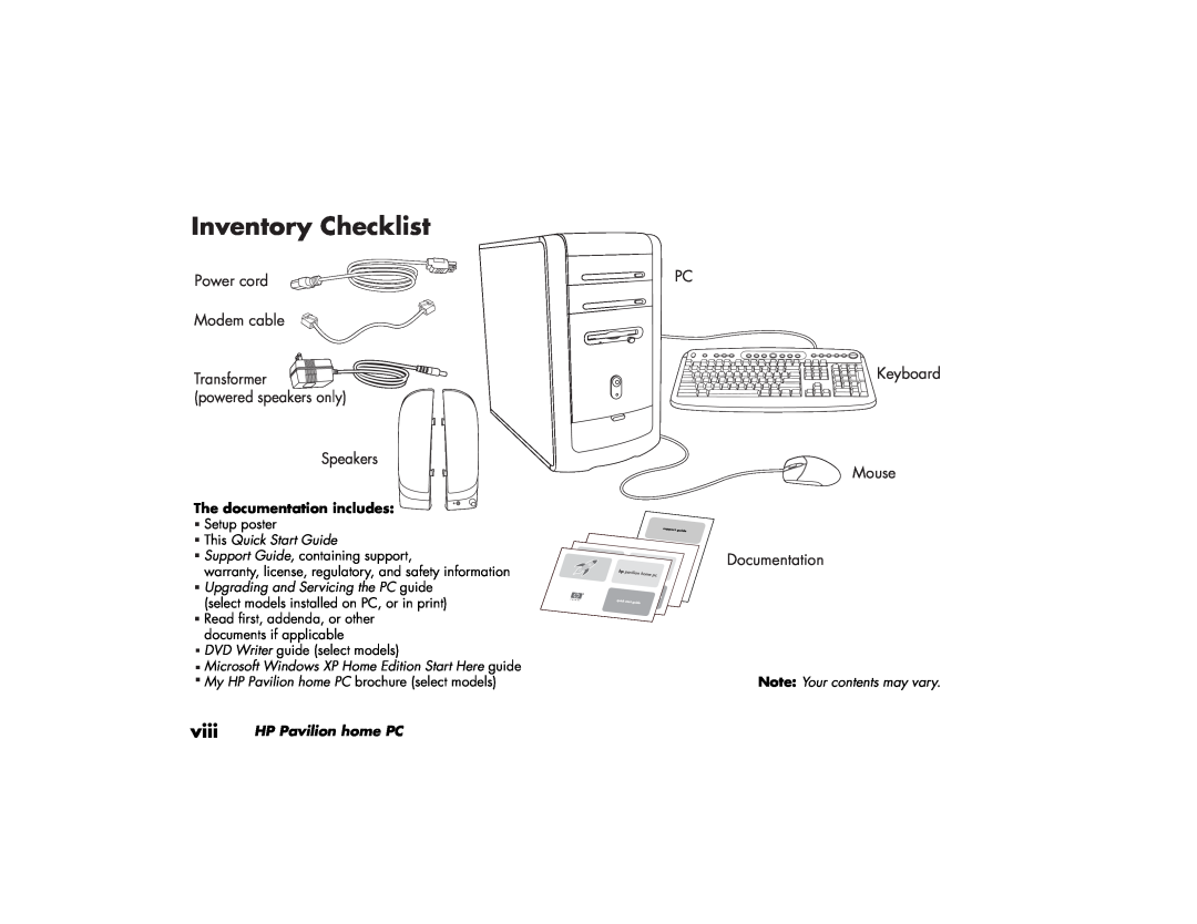 HP 764c (US/CAN) manual Inventory Checklist, viii, The documentation includes, This Quick Start Guide, HP Pavilion home PC 