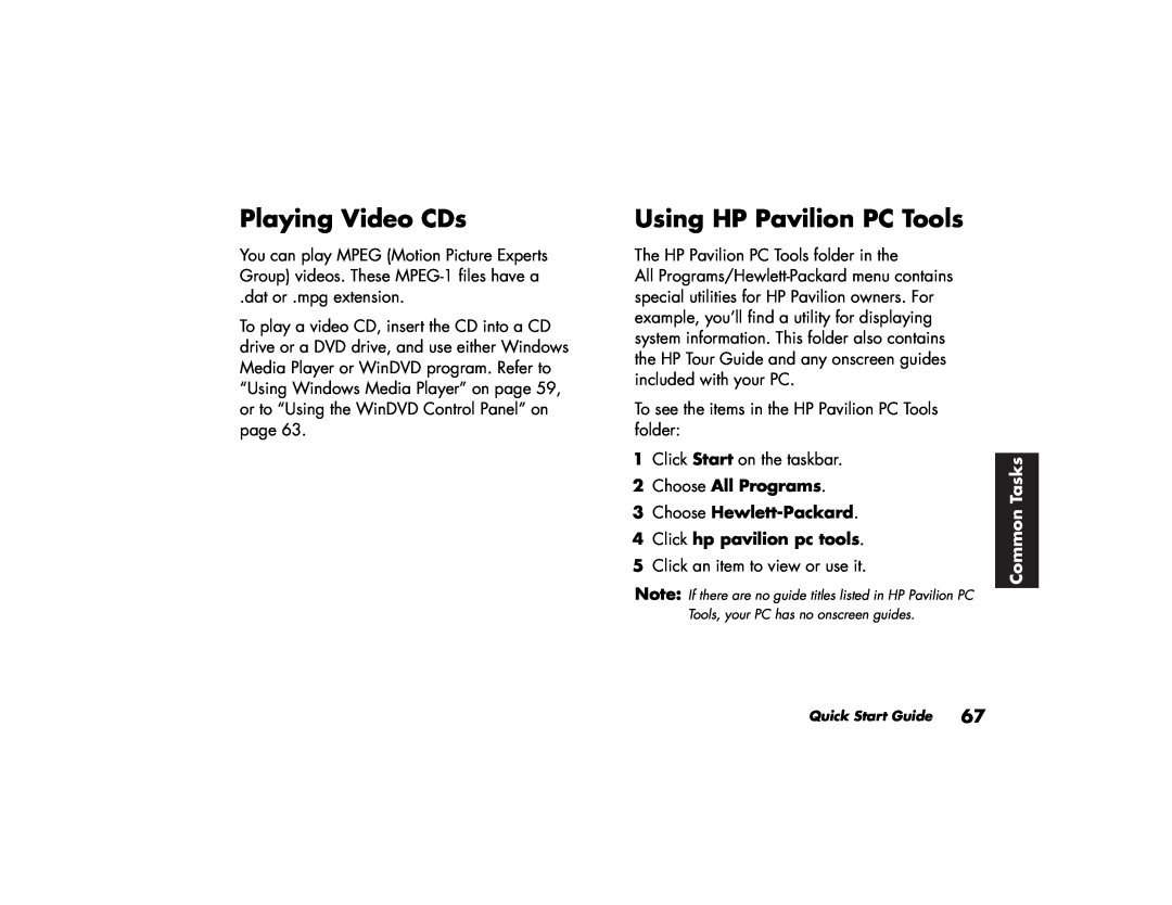 HP 354n (US/CAN), 734n (US/CAN) Playing Video CDs, Using HP Pavilion PC Tools, Choose All Programs, Choose Hewlett-Packard 