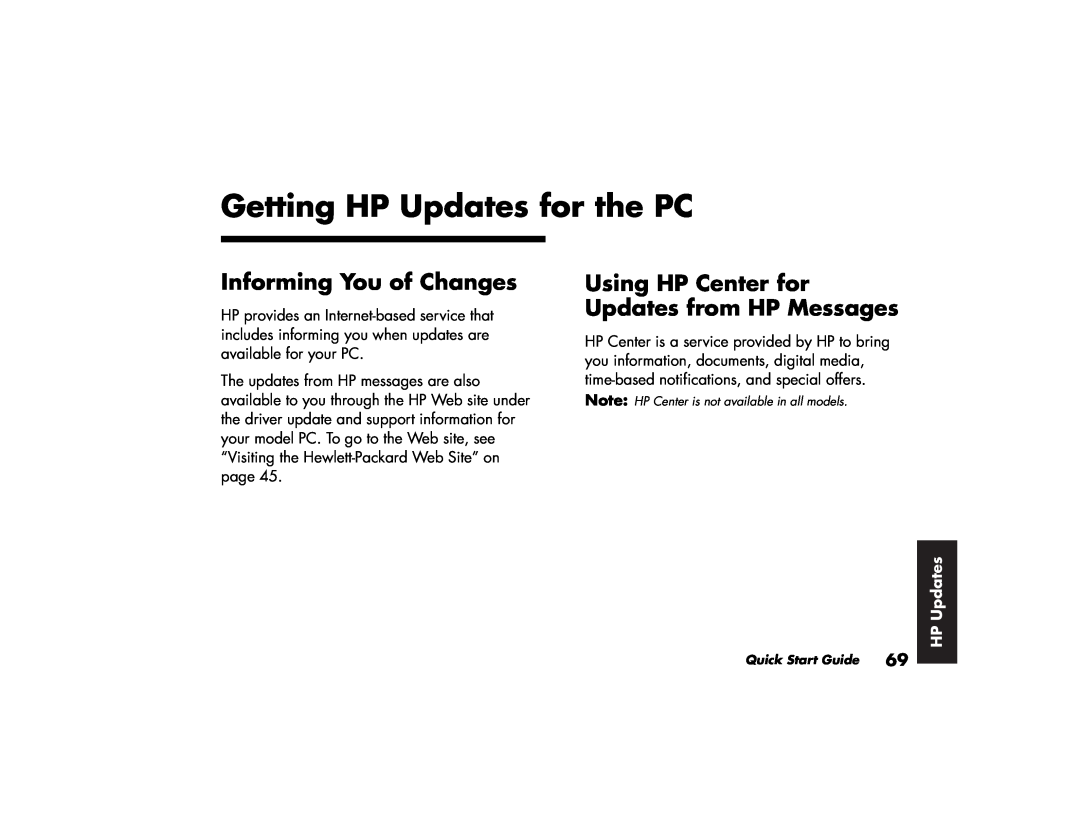 HP 514x (US/CAN) Getting HP Updates for the PC, Informing You of Changes, Using HP Center for Updates from HP Messages 