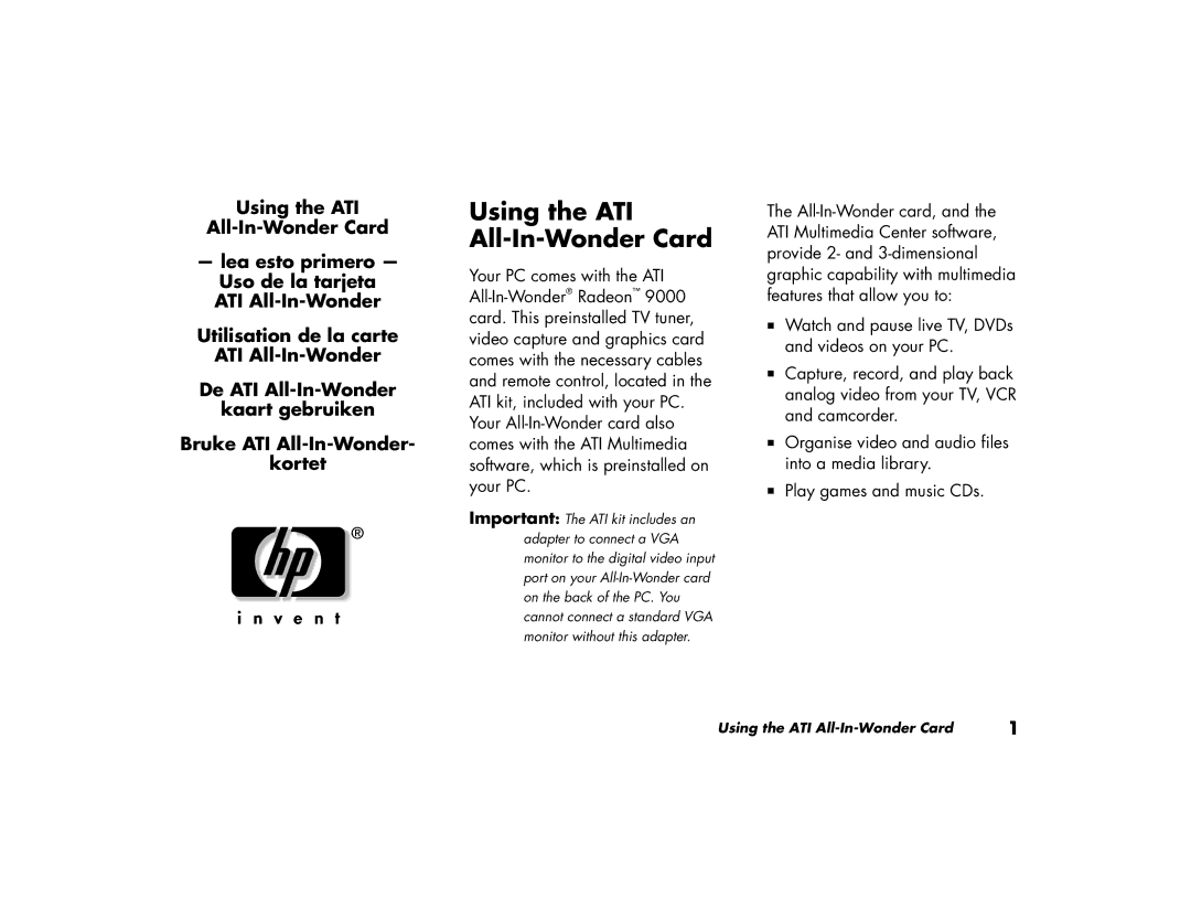 HP 744.nl, 734.uk, 794.es, 784.no, 764.it, 764.fr, 774.it, 784.nl, 764.nl, 424.fr, 474.fr manual Using the ATI All-In-Wonder Card 