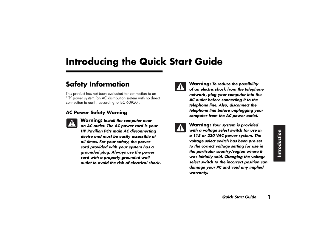 HP 784.uk, 734.uk, 754.uk, 774.uk, 404.uk manual Introducing the Quick Start Guide, Safety Information, AC Power Safety Warning 