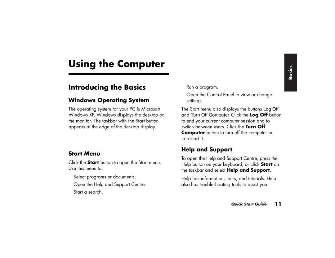 HP 774.uk, 734.uk manual Using the Computer, Introducing the Basics, Windows Operating System, Start Menu, Help and Support 