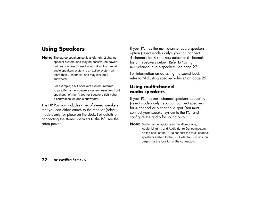 HP 784.uk, 734.uk, 754.uk, 774.uk, 404.uk, 434.uk, 414.uk manual Using Speakers, Using multi-channel audio speakers 
