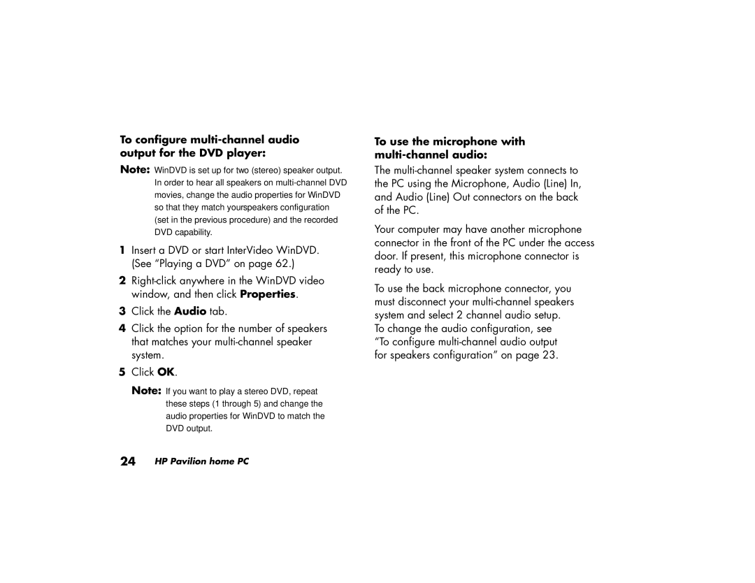 HP 754.uk manual To configure multi-channel audio output for the DVD player, To use the microphone with multi-channel audio 