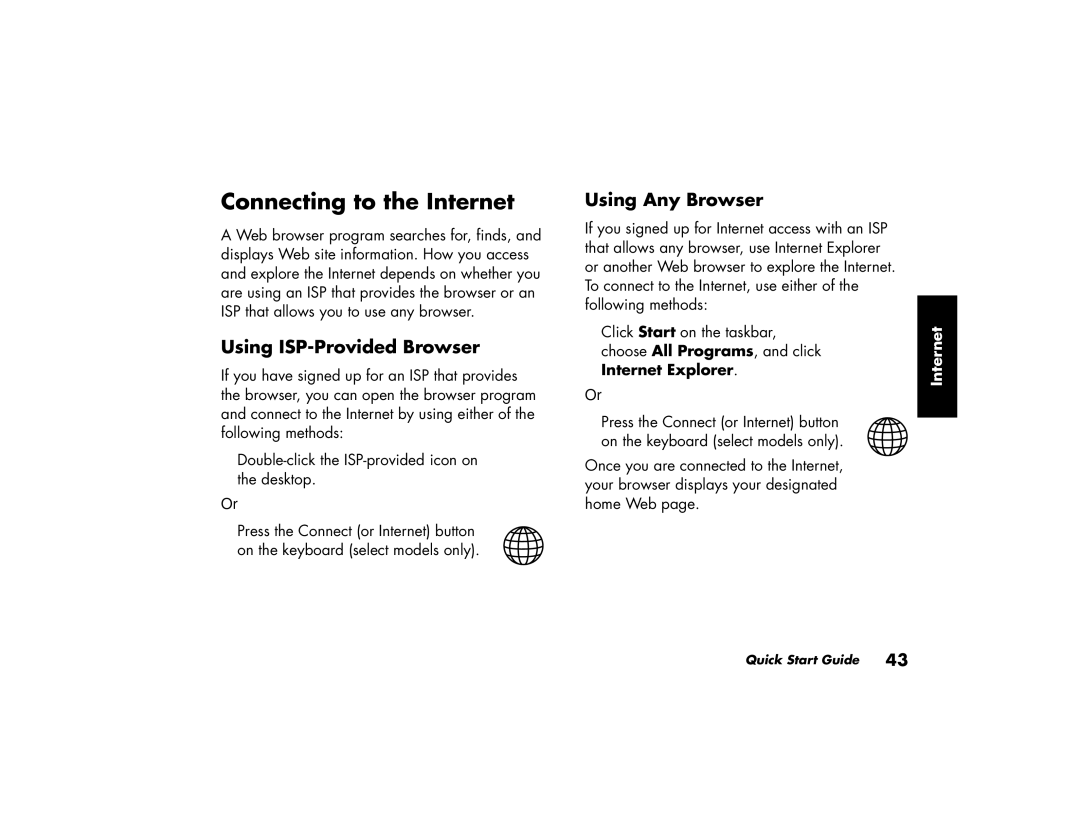 HP 784.uk, 734.uk, 754.uk, 774.uk, 404.uk, 434.uk Connecting to the Internet, Using ISP-Provided Browser, Using Any Browser 