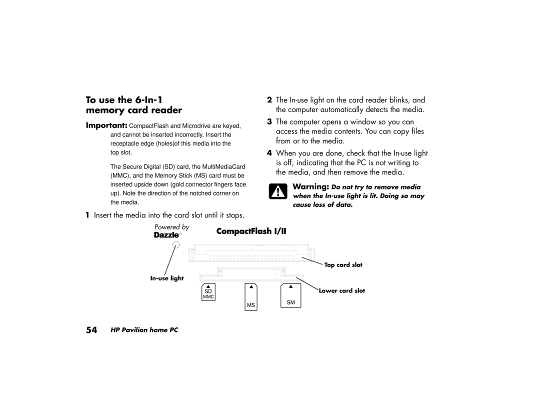 HP 404.uk, 734.uk, 754.uk, 774.uk, 434.uk, 414.uk, 784.uk manual To use the 6-In-1 memory card reader, CompactFlash I/II 