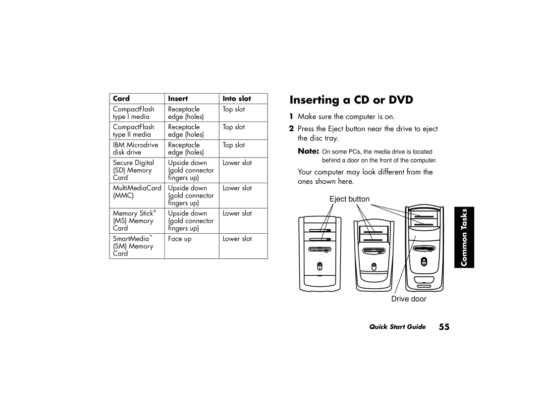 HP 434.uk, 734.uk, 754.uk, 774.uk, 404.uk, 414.uk, 784.uk manual Inserting a CD or DVD, Card Insert Into slot 