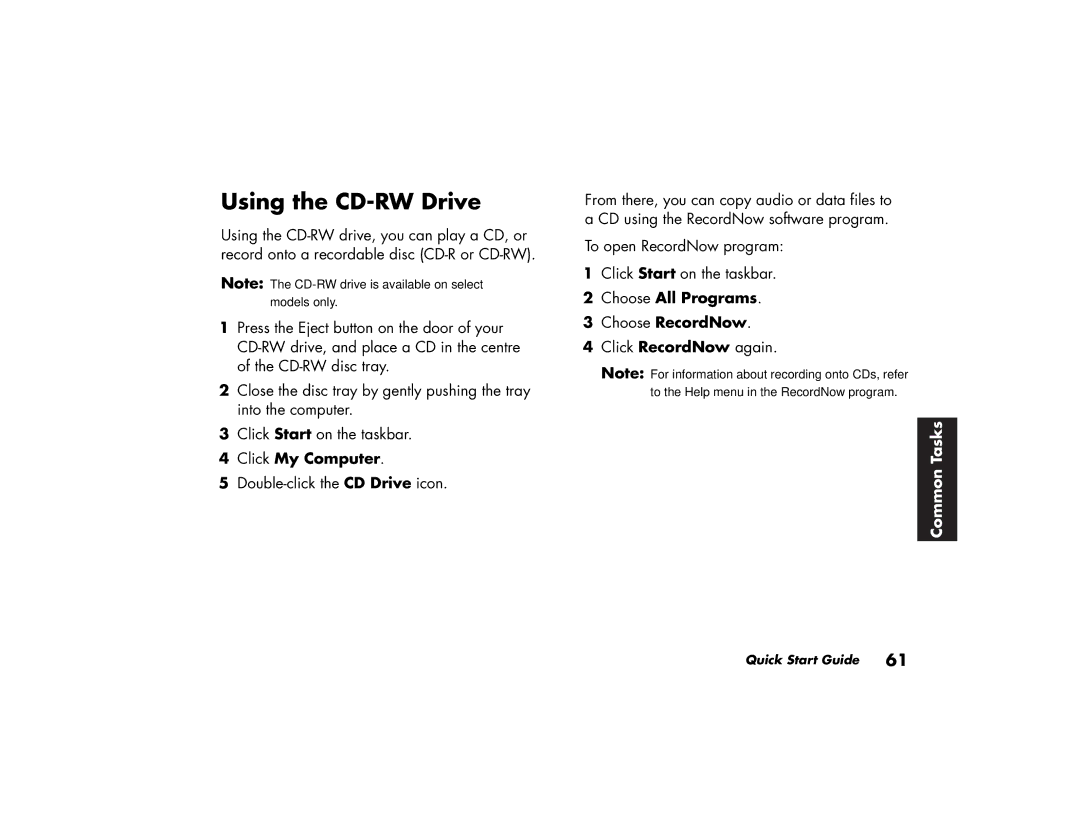 HP 404.uk, 734.uk, 754.uk, 774.uk, 434.uk manual Using the CD-RW Drive, Click My Computer, Choose All Programs Choose RecordNow 