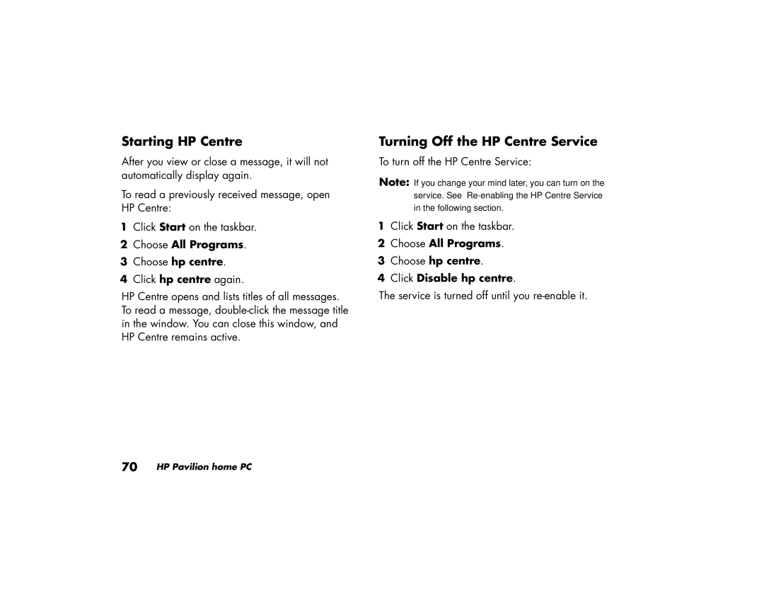 HP 414.uk, 734.uk, 754.uk manual Starting HP Centre, Turning Off the HP Centre Service, Choose All Programs Choose hp centre 
