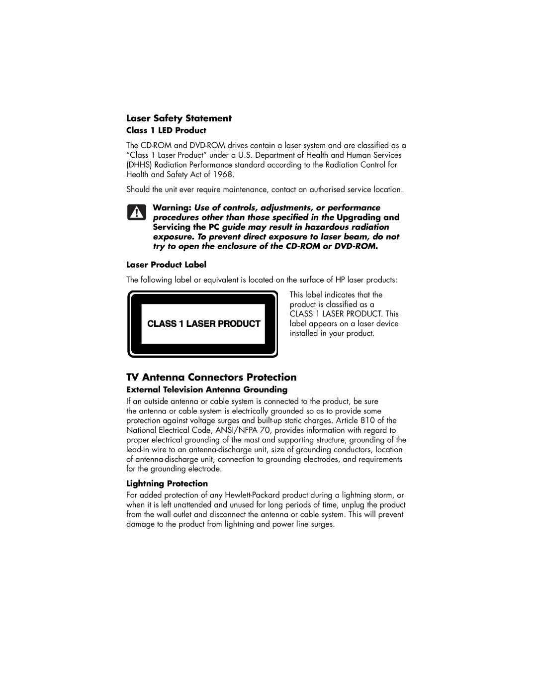 HP 784.uk, 734.uk, 754.uk, 774.uk, 404.uk, 434.uk, 424.uk, 414.uk manual TV Antenna Connectors Protection, Laser Safety Statement 