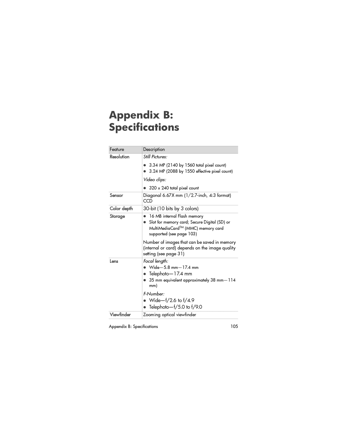 HP 735 Appendix B Specifications, Bit 10 bits by 3 colors, Telephoto-17.4 mm, Wide-f/2.6 to f/4.9 Telephoto-f/5.0 to f/9.0 