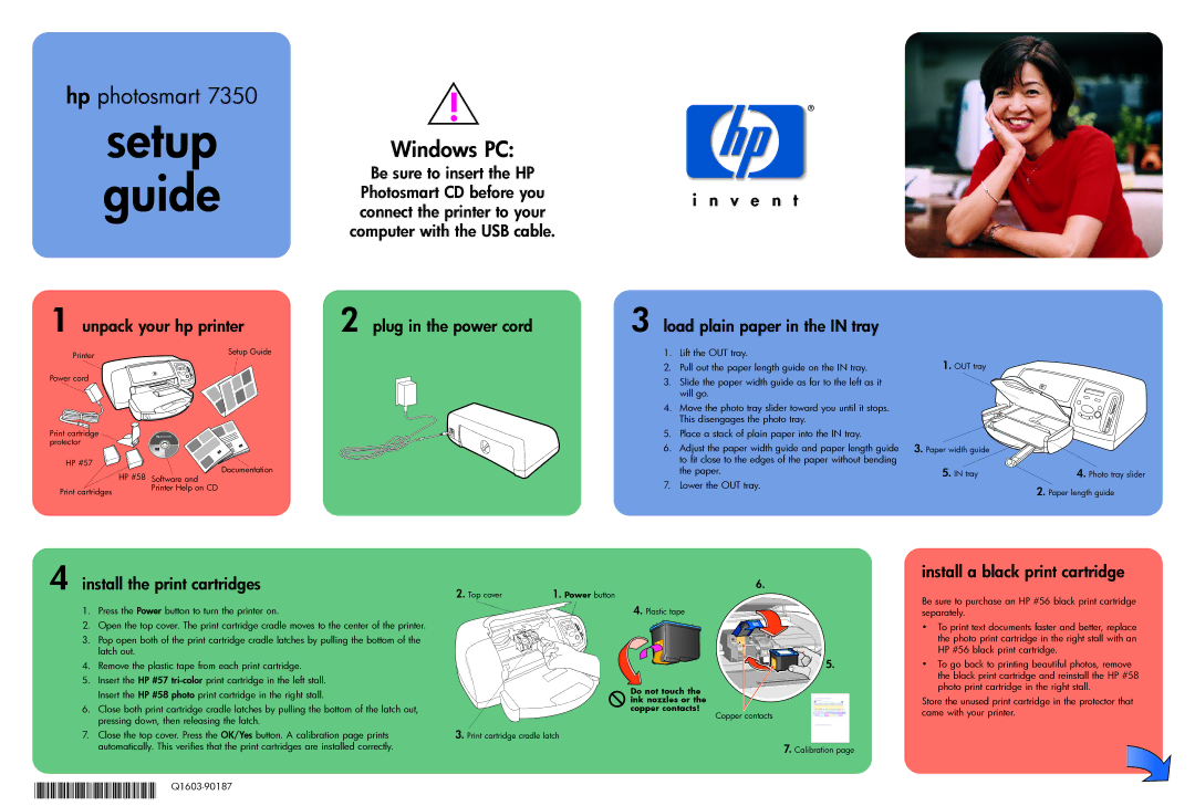 HP 7350 manual Unpack your hp printer, Be sure to insert the HP, Plug in the power cord Load plain paper in the in tray 