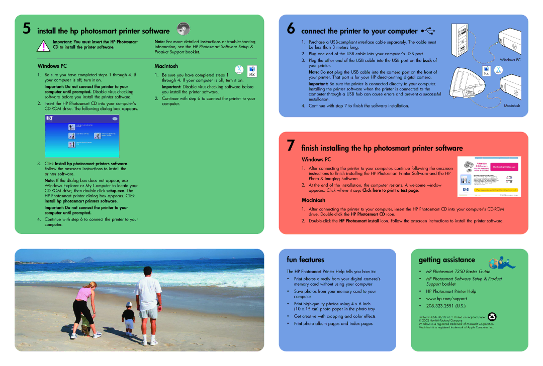 HP 7350 Install the hp photosmart printer software, Connect the printer to your computer, Fun features, Getting assistance 