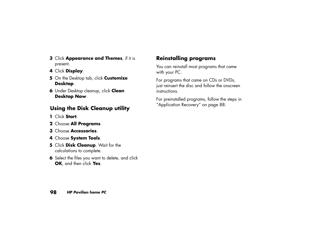 HP 505w (US), 735n (US/CAN), 725n (US/CAN), 545x (US/CAN), 525x (US) Using the Disk Cleanup utility, Reinstalling programs 