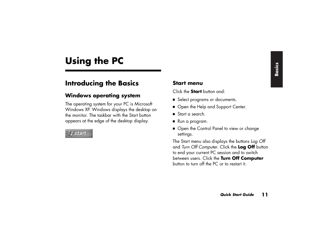 HP 515n (US/CAN), 735n (US/CAN), 725n (US/CAN), 545x (US/CAN) Using the PC, Introducing the Basics, Windows operating system 
