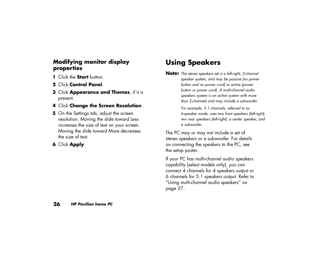 HP 525w (US/CAN), 735n (US/CAN), 725n (US/CAN) Using Speakers, Modifying monitor display properties, Click Control Panel 