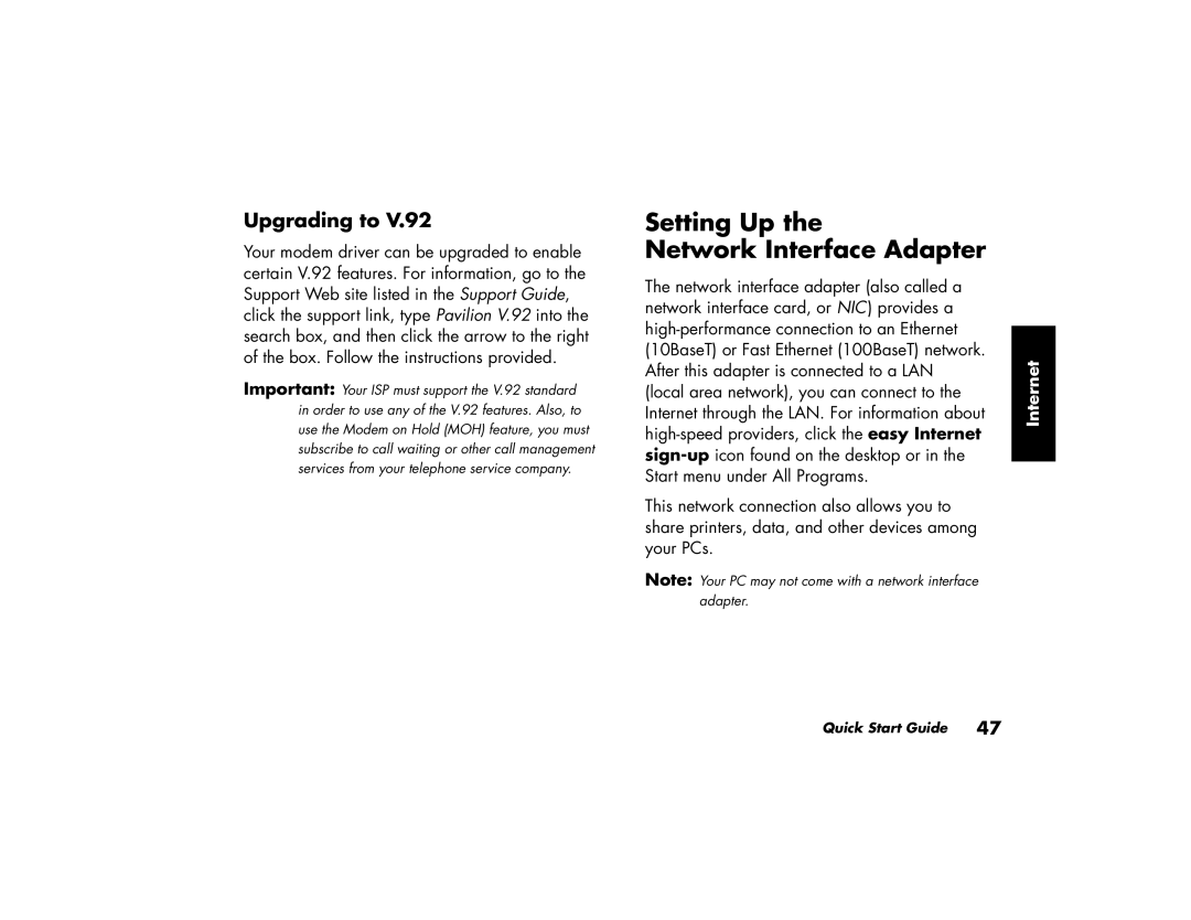 HP 525c (US/CAN), 735n (US/CAN), 725n (US/CAN), 545x (US/CAN), 525x (US) Setting Up Network Interface Adapter, Upgrading to 