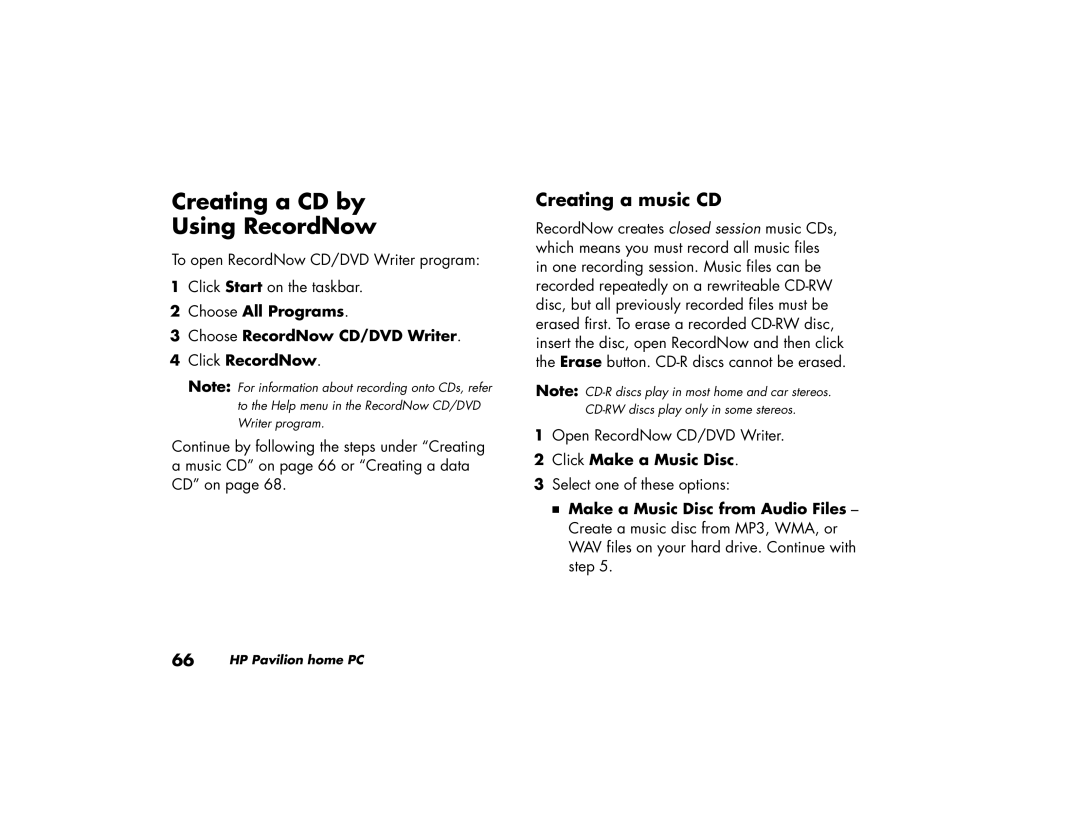 HP 525w (US/CAN), 735n (US/CAN), 525x (US) Creating a CD by Using RecordNow, Creating a music CD, Click Make a Music Disc 
